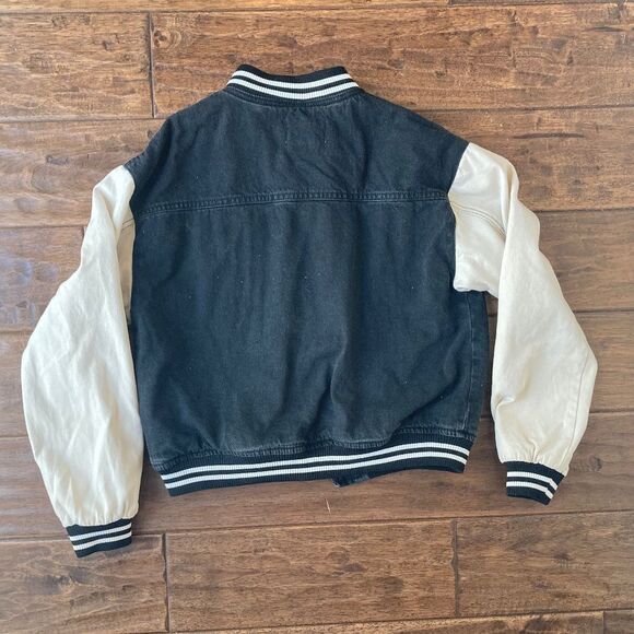 ZARA Varsity Bomer Letterman Jacket Limited Girls Large 13-14 Black DENIM Crop - Picture 4 of 10